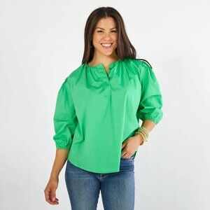 Caryn Lawn Women's Asher Top Kelly Green 100% Cotton Poplin Puff Sleeve One Size